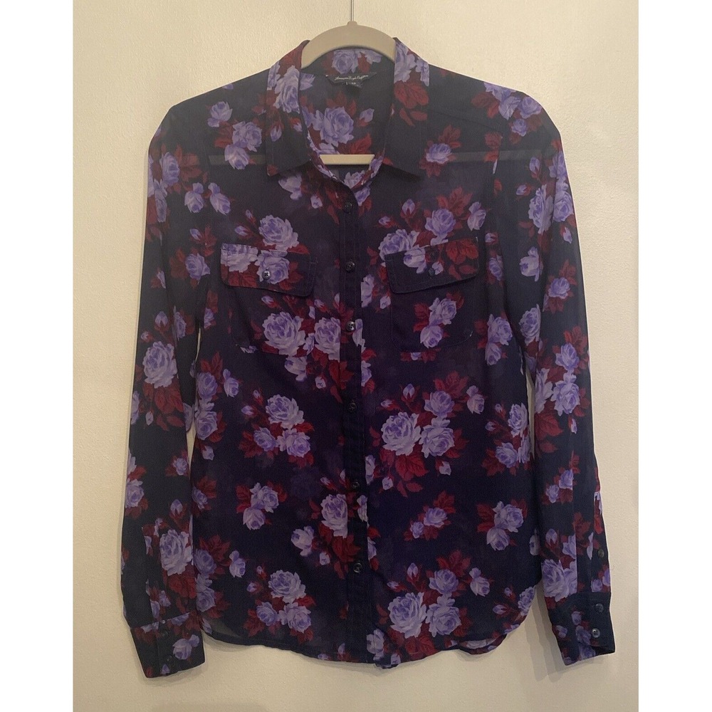 Blue Floral Sheer Blouse Button-Down Shirt Size S/P Cottagecore Feminine